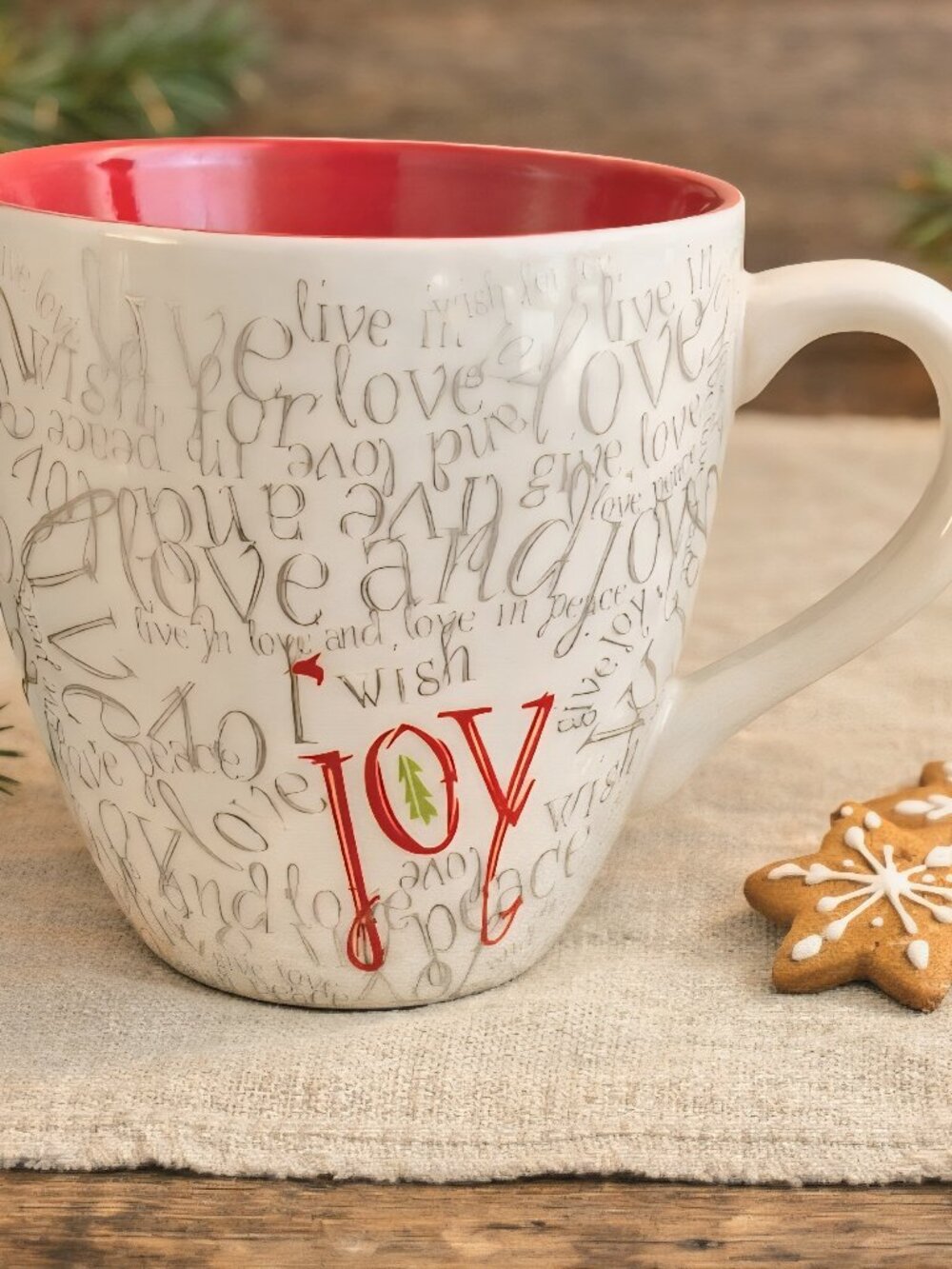 Starbucks JOY Holiday Coffee Cup Mug 2005 White Red Ceramic Mug